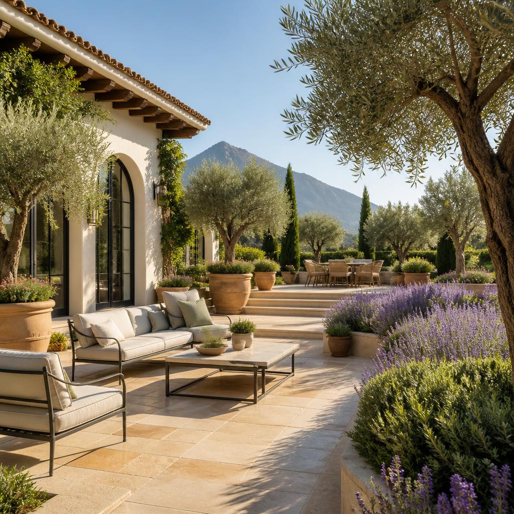 Sunlit terrace with a Mediterranean garden